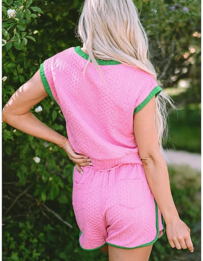 Pink Contrast Trim Cable Textured Shorts Set