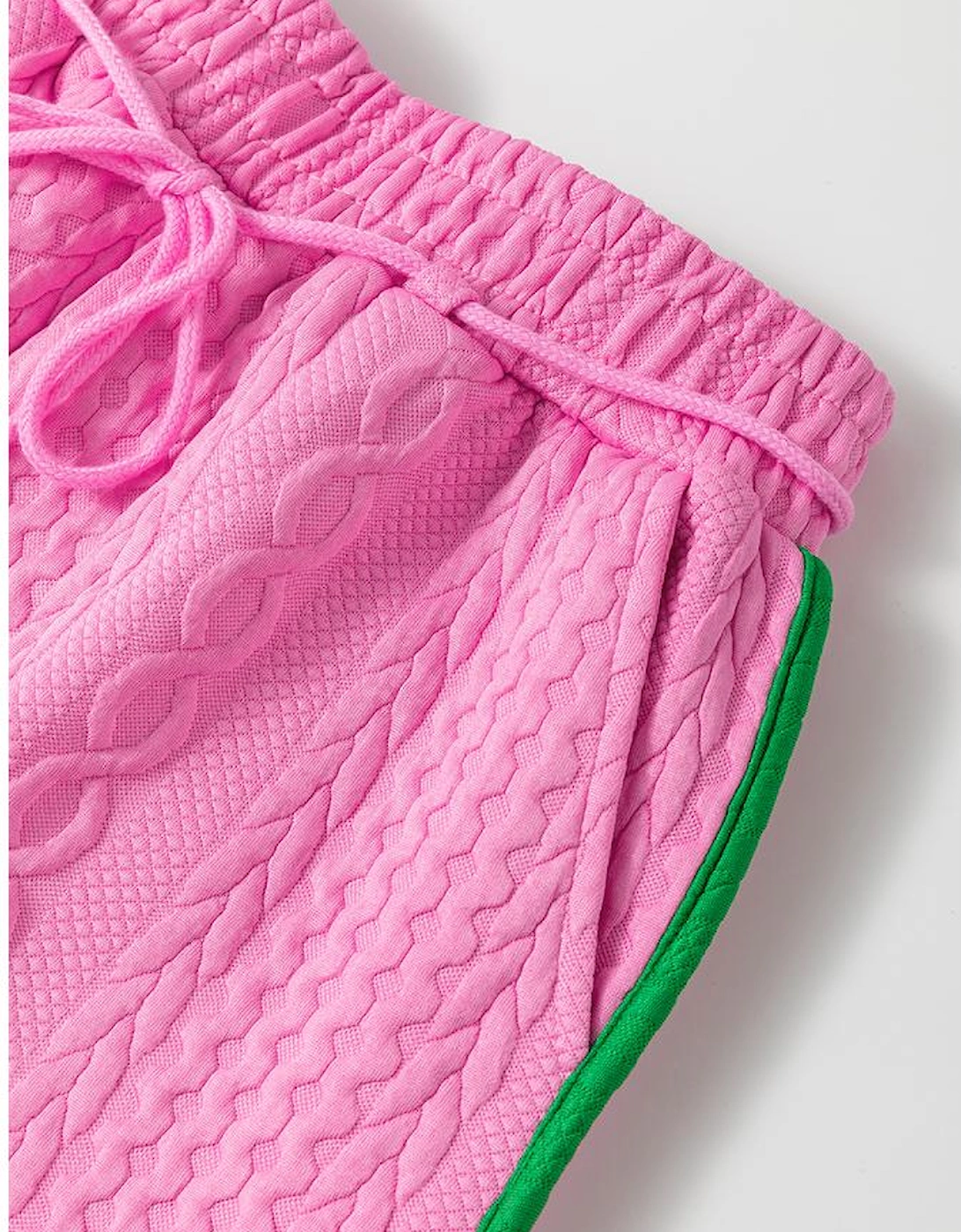 Pink Contrast Trim Cable Textured Shorts Set