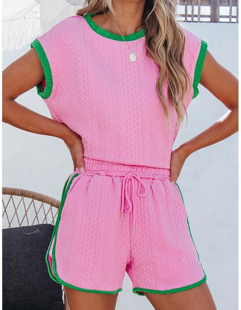 Pink Contrast Trim Cable Textured Shorts Set