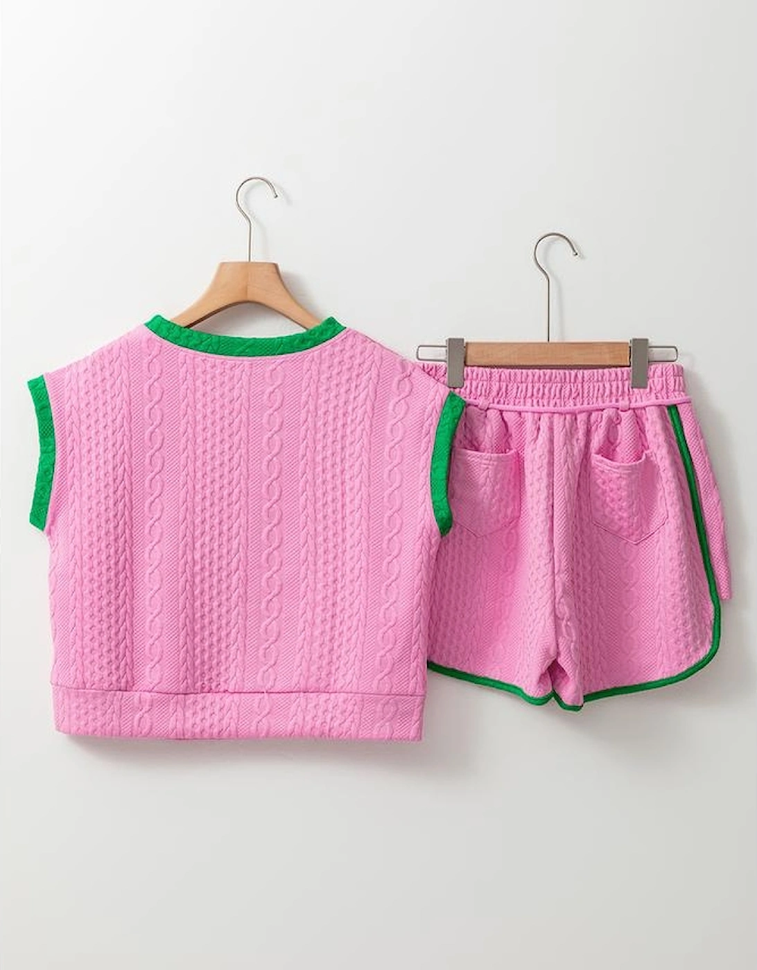 Pink Contrast Trim Cable Textured Shorts Set