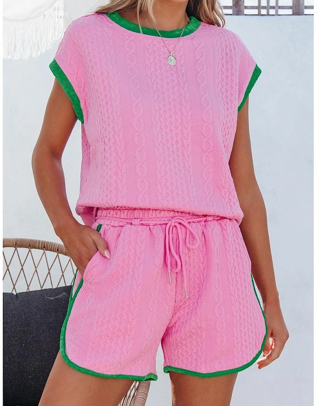 Pink Contrast Trim Cable Textured Shorts Set