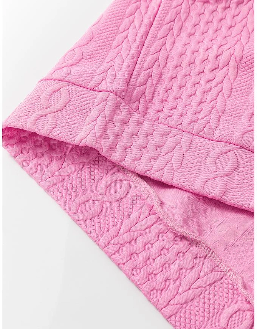 Pink Contrast Trim Cable Textured Shorts Set