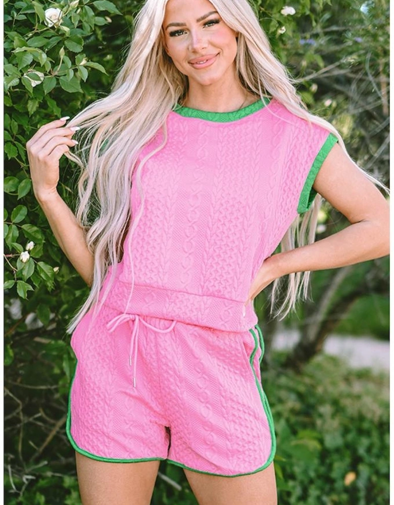 Pink Contrast Trim Cable Textured Shorts Set