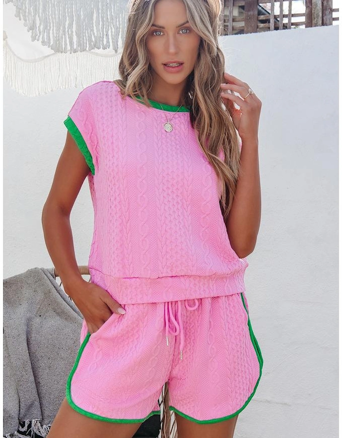 Pink Contrast Trim Cable Textured Shorts Set