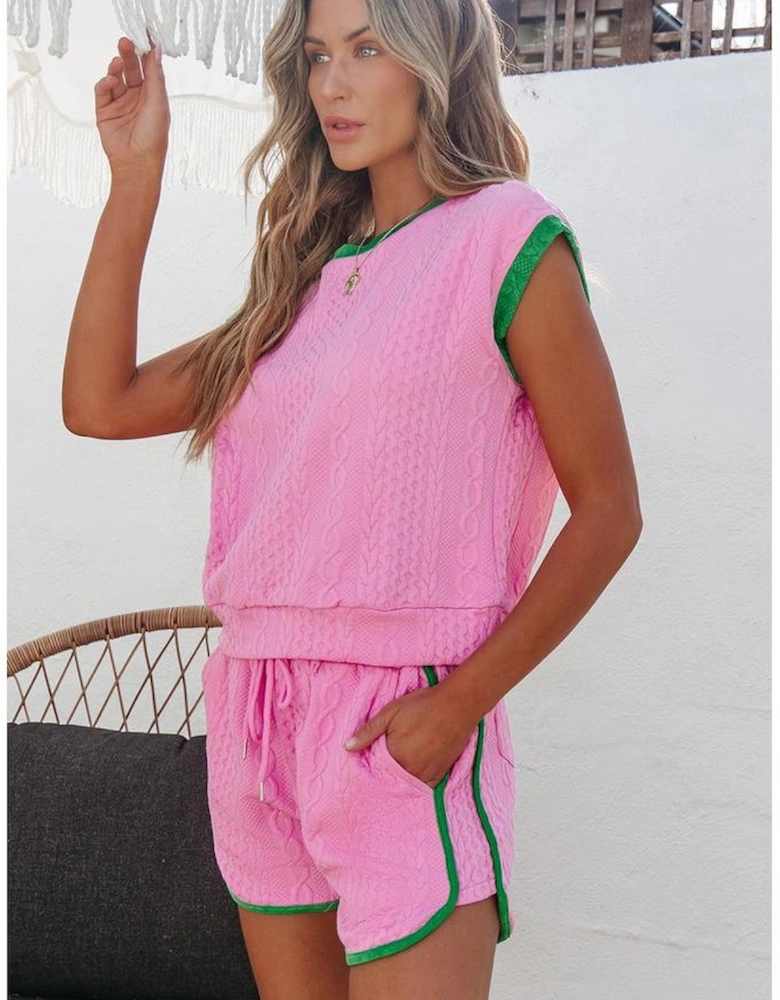 Pink Contrast Trim Cable Textured Shorts Set