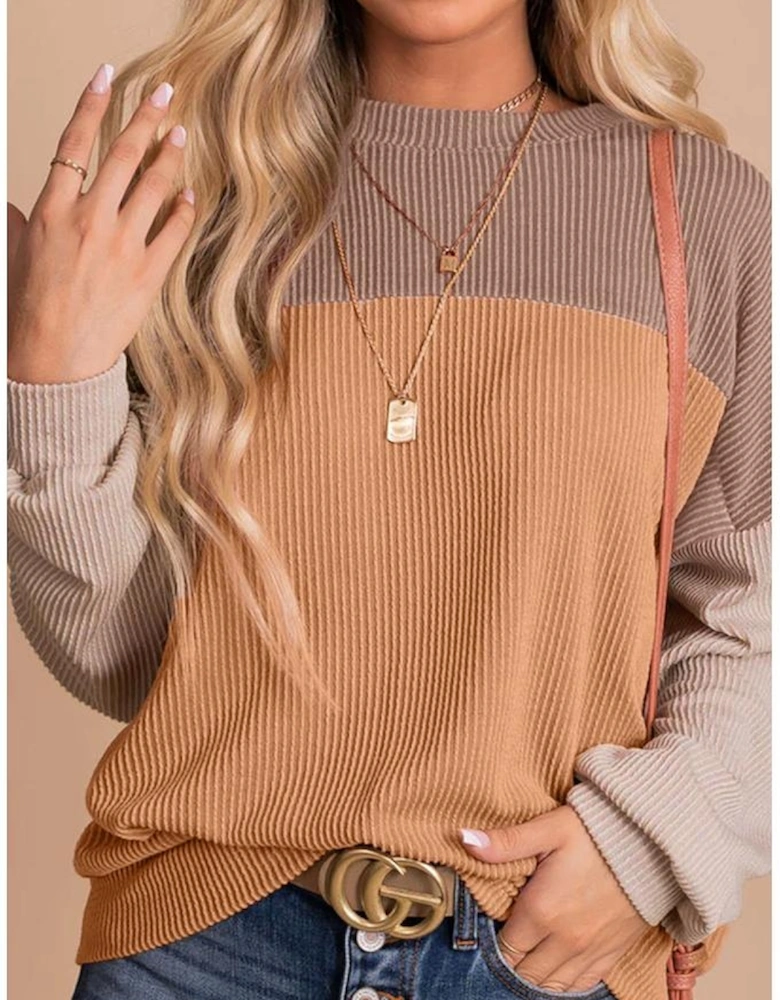 Khaki Color Block Long Sleeve Ribbed Loose Top