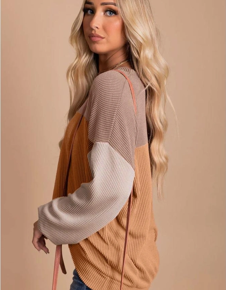 Khaki Color Block Long Sleeve Ribbed Loose Top