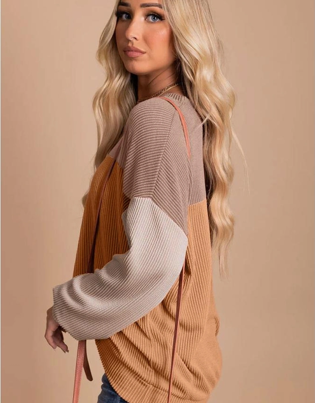 Khaki Color Block Long Sleeve Ribbed Loose Top, 6 of 5