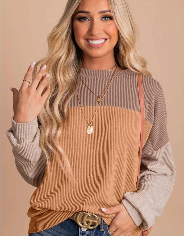 Khaki Color Block Long Sleeve Ribbed Loose Top