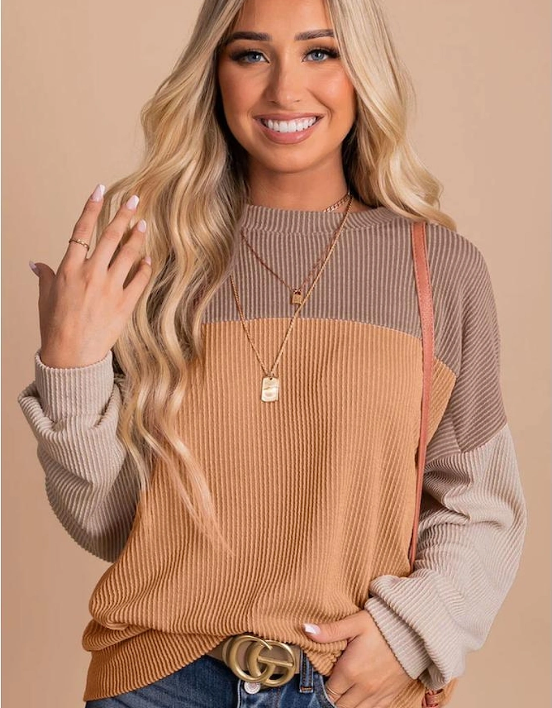 Khaki Color Block Long Sleeve Ribbed Loose Top