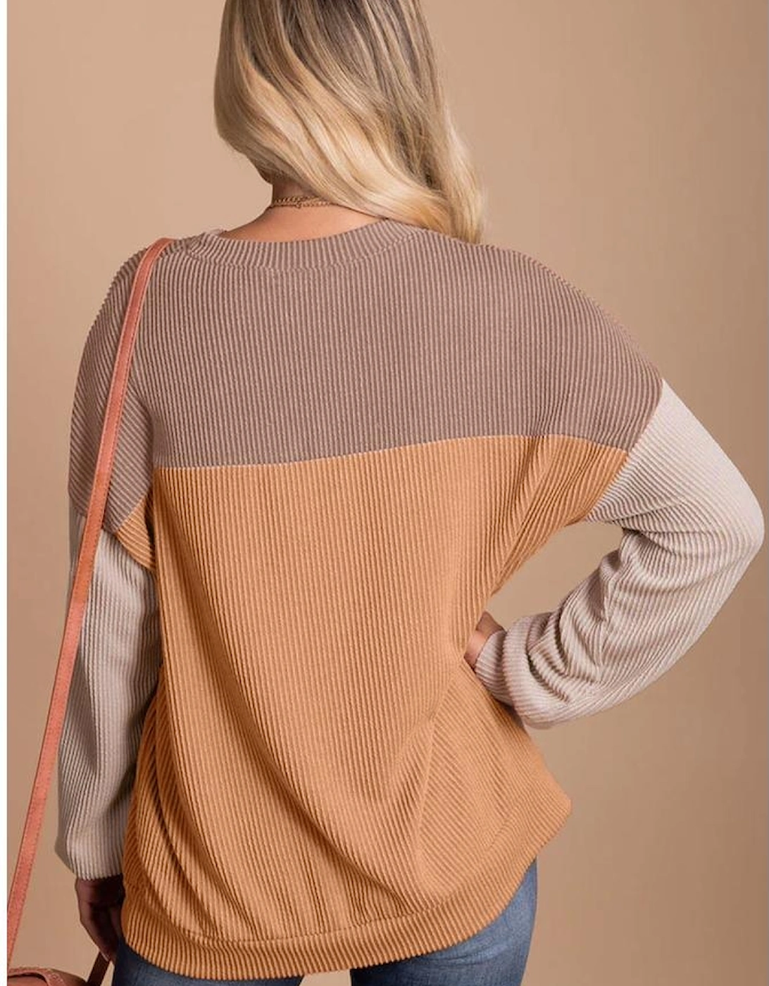 Khaki Color Block Long Sleeve Ribbed Loose Top
