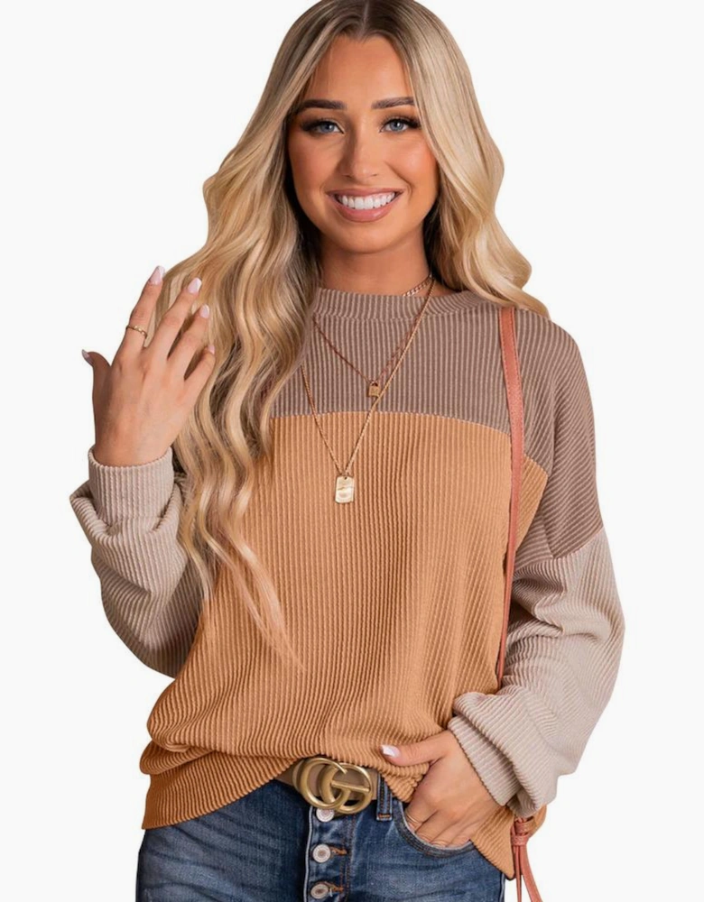 Khaki Color Block Long Sleeve Ribbed Loose Top