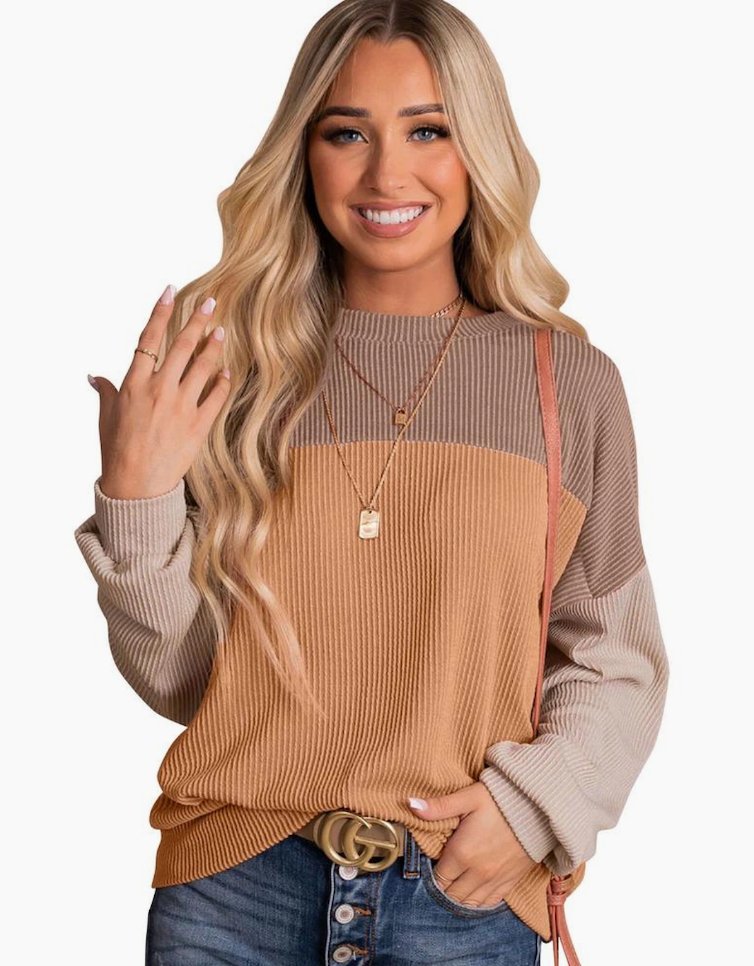 Khaki Color Block Long Sleeve Ribbed Loose Top