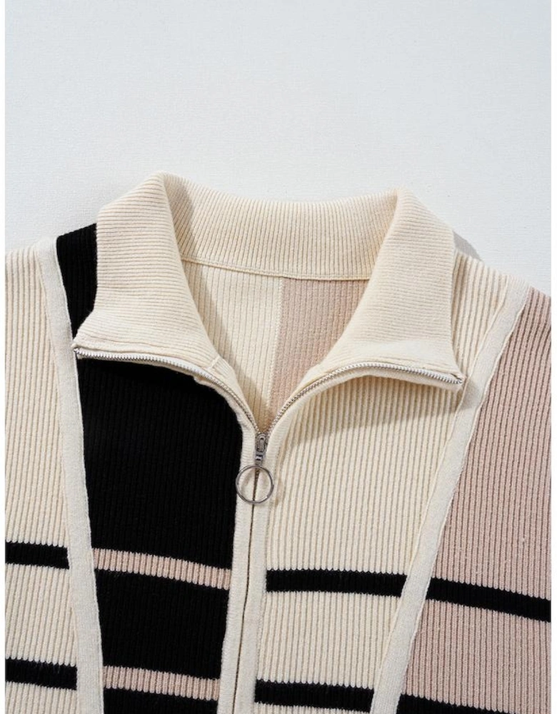 Khaki Stripe Color Block Quarter Zip Collar Short Sleeve Sweater Dress