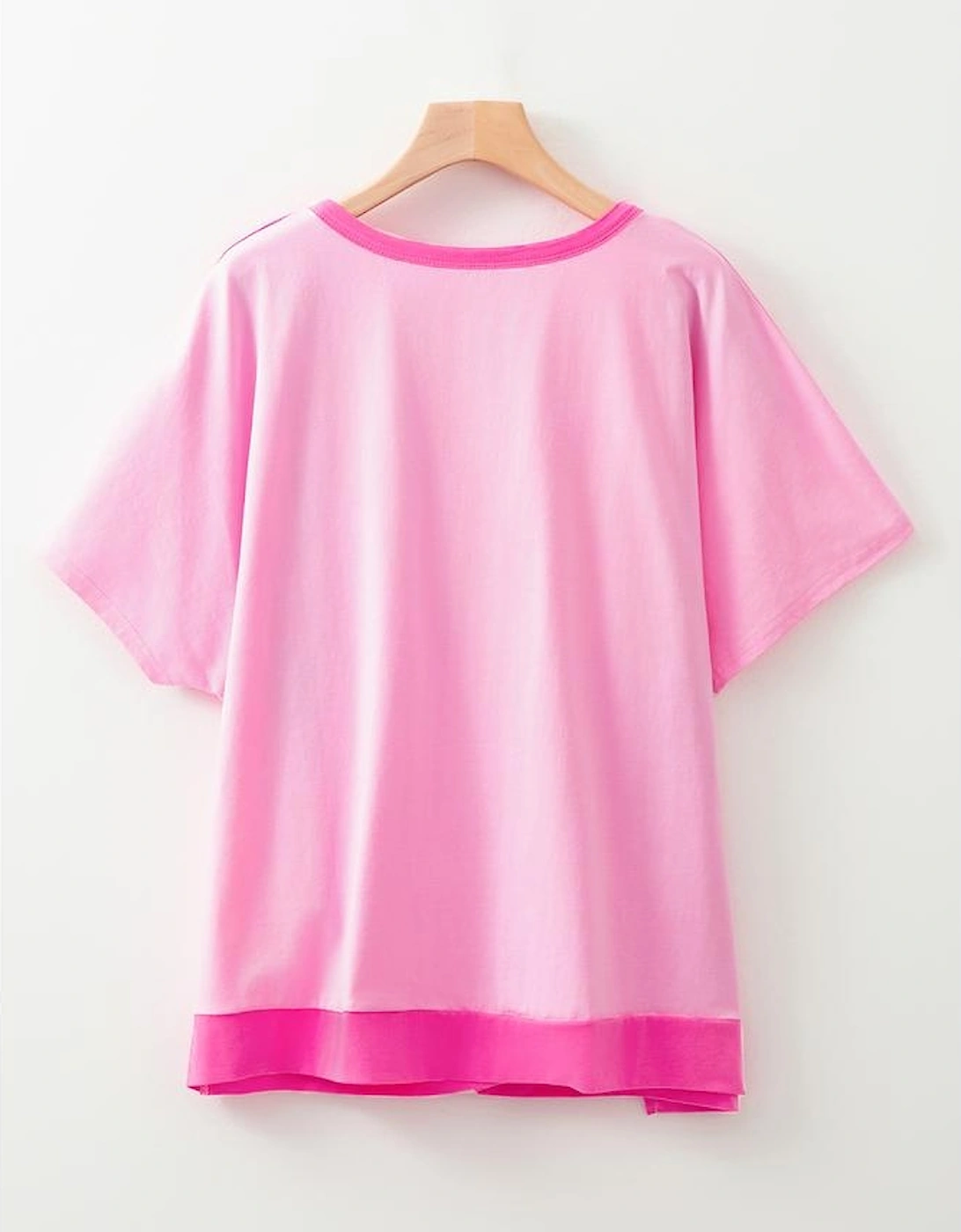 Bright Pink Colorblock Patchwork Short Sleeve Buttons Plus Size Henley Top