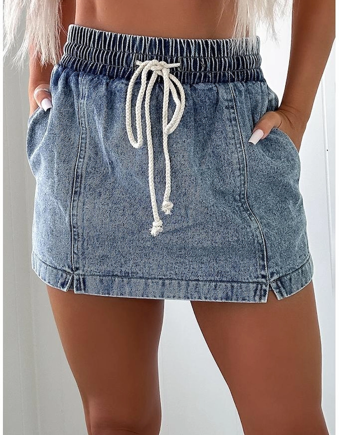 Dusk Blue Drawstring High Waist Pocketed Denim Shorts, 12 of 11