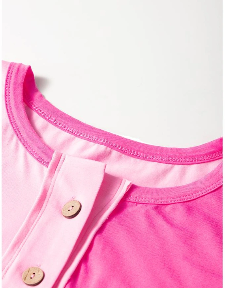 Bright Pink Colorblock Patchwork Short Sleeve Buttons Plus Size Henley Top