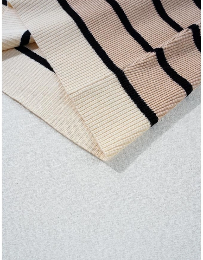 Khaki Stripe Color Block Quarter Zip Collar Short Sleeve Sweater Dress