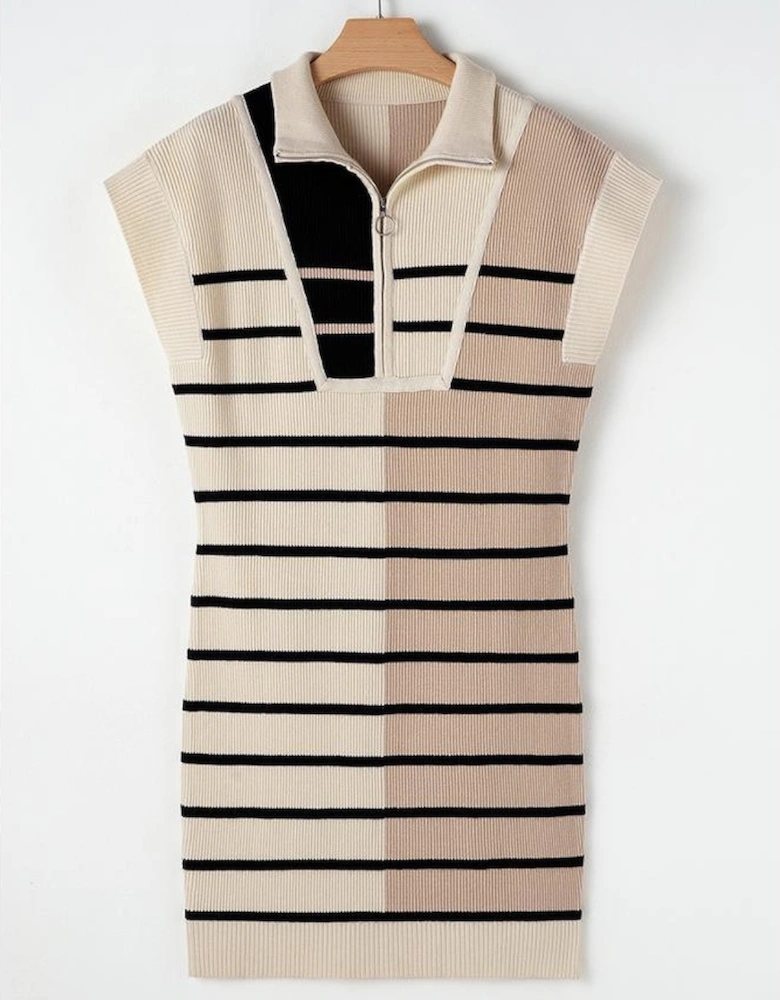 Khaki Stripe Color Block Quarter Zip Collar Short Sleeve Sweater Dress