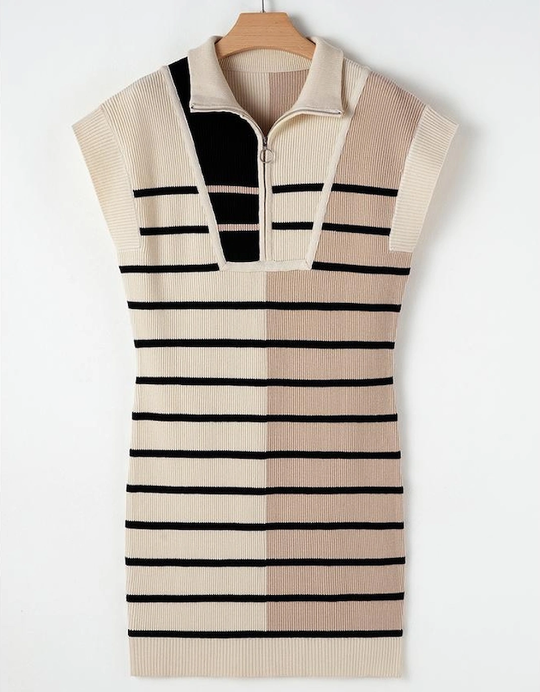 Khaki Stripe Color Block Quarter Zip Collar Short Sleeve Sweater Dress