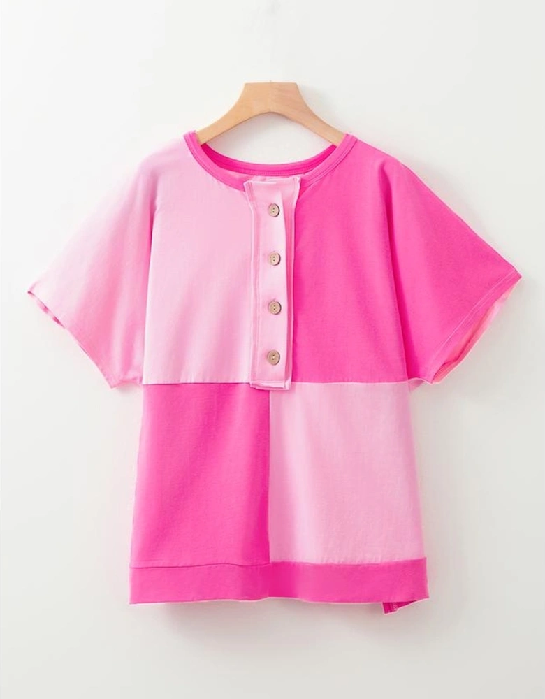 Bright Pink Colorblock Patchwork Short Sleeve Buttons Plus Size Henley Top
