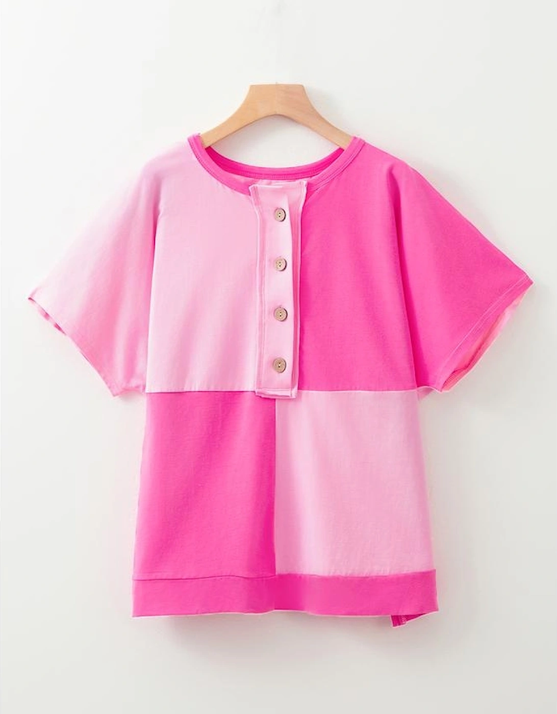Bright Pink Colorblock Patchwork Short Sleeve Buttons Plus Size Henley Top