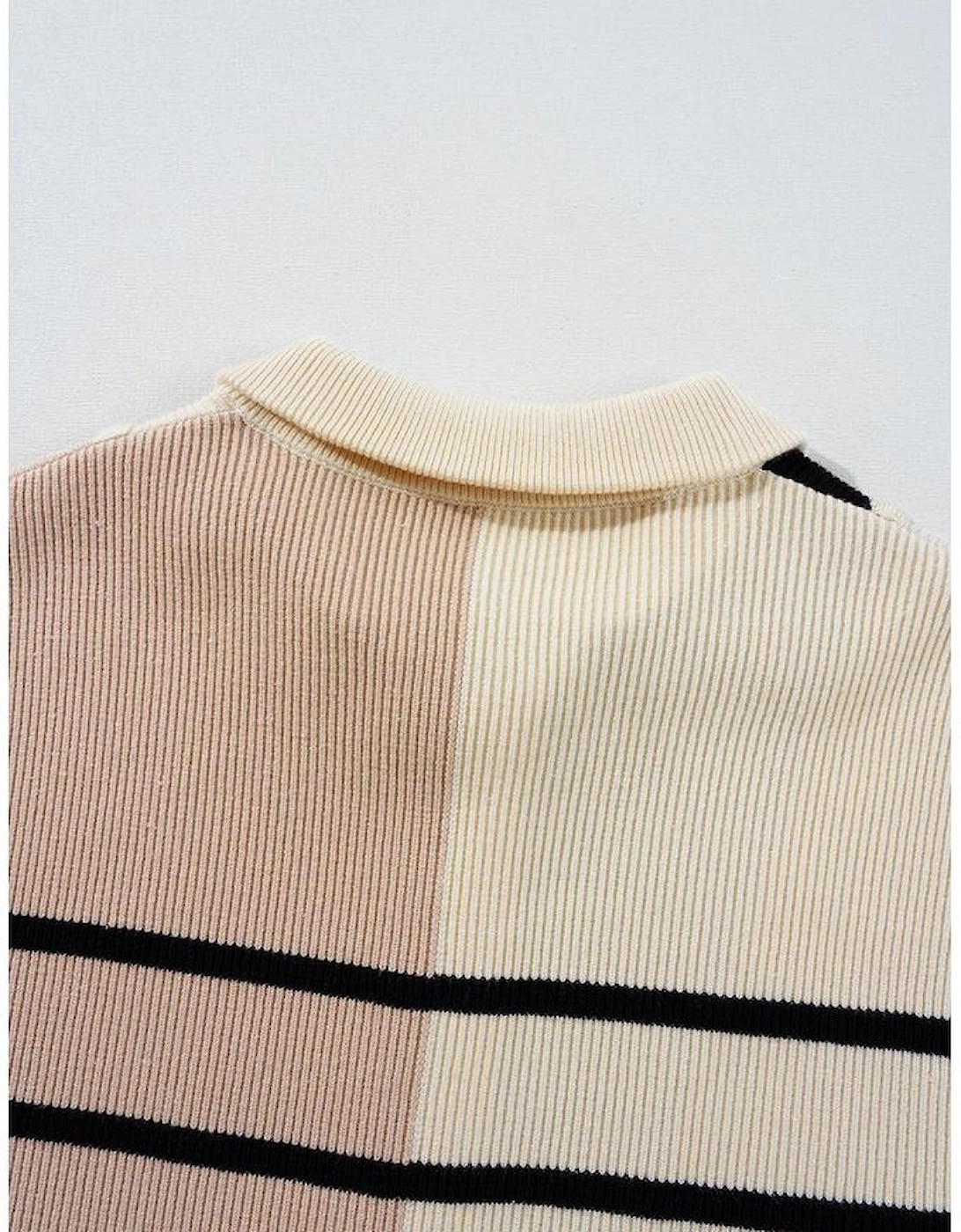 Khaki Stripe Color Block Quarter Zip Collar Short Sleeve Sweater Dress