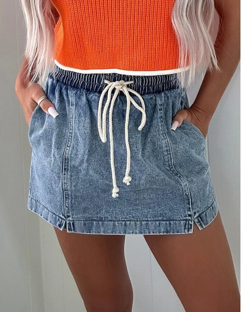 Dusk Blue Drawstring High Waist Pocketed Denim Shorts