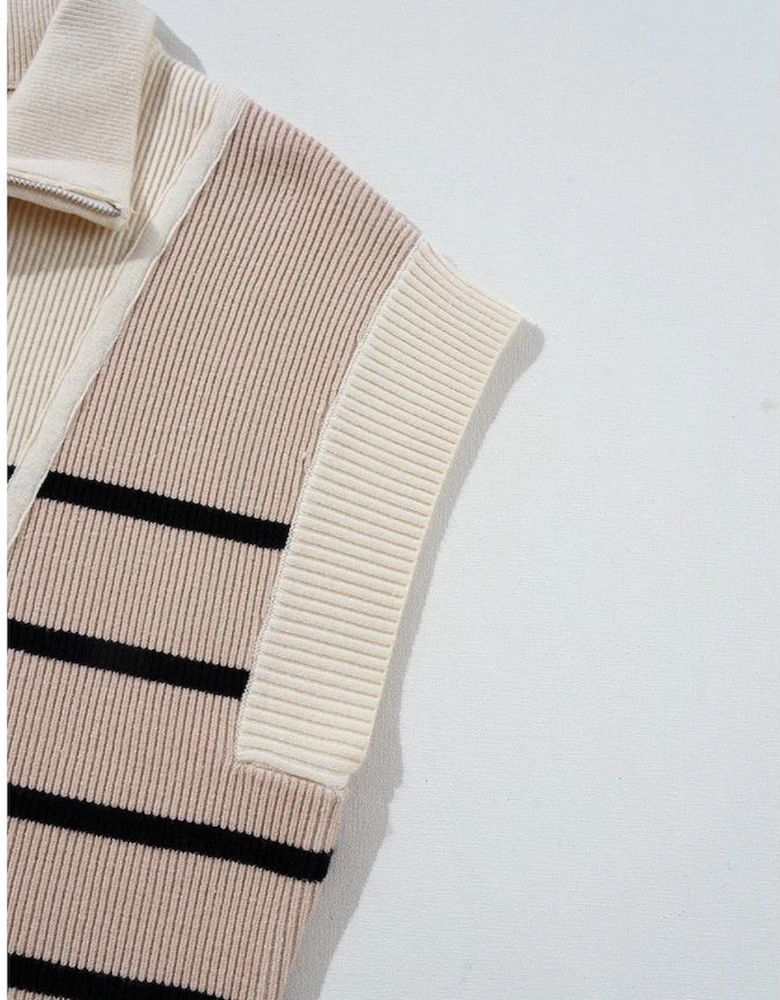 Khaki Stripe Color Block Quarter Zip Collar Short Sleeve Sweater Dress