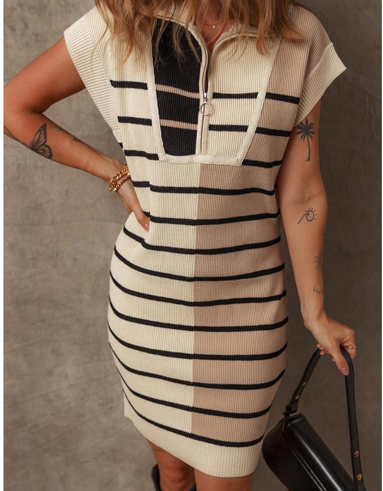 Khaki Stripe Color Block Quarter Zip Collar Short Sleeve Sweater Dress