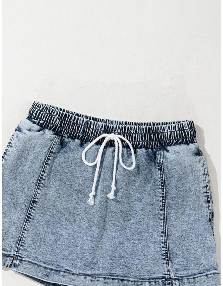 Dusk Blue Drawstring High Waist Pocketed Denim Shorts