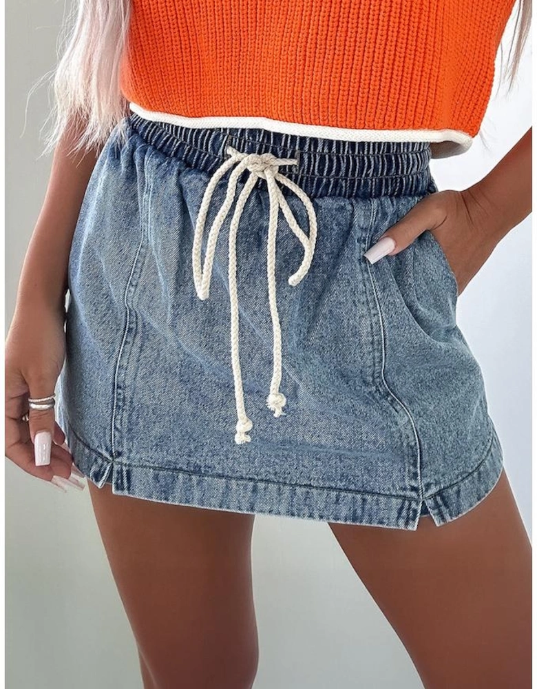 Dusk Blue Drawstring High Waist Pocketed Denim Shorts