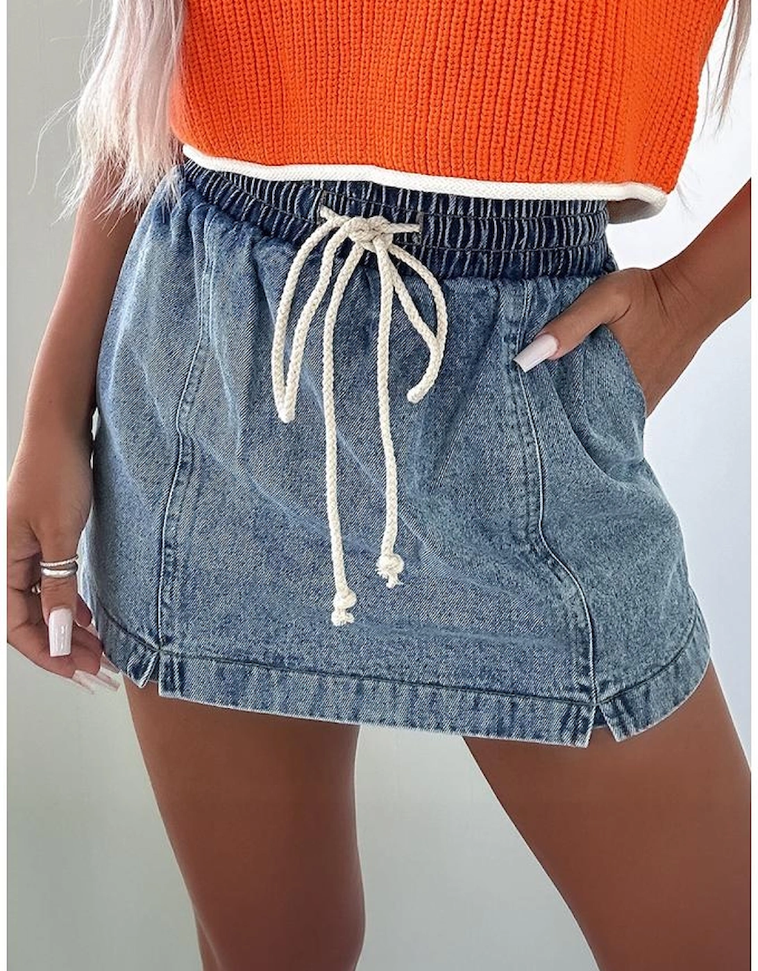 Dusk Blue Drawstring High Waist Pocketed Denim Shorts