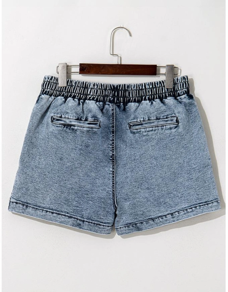 Dusk Blue Drawstring High Waist Pocketed Denim Shorts
