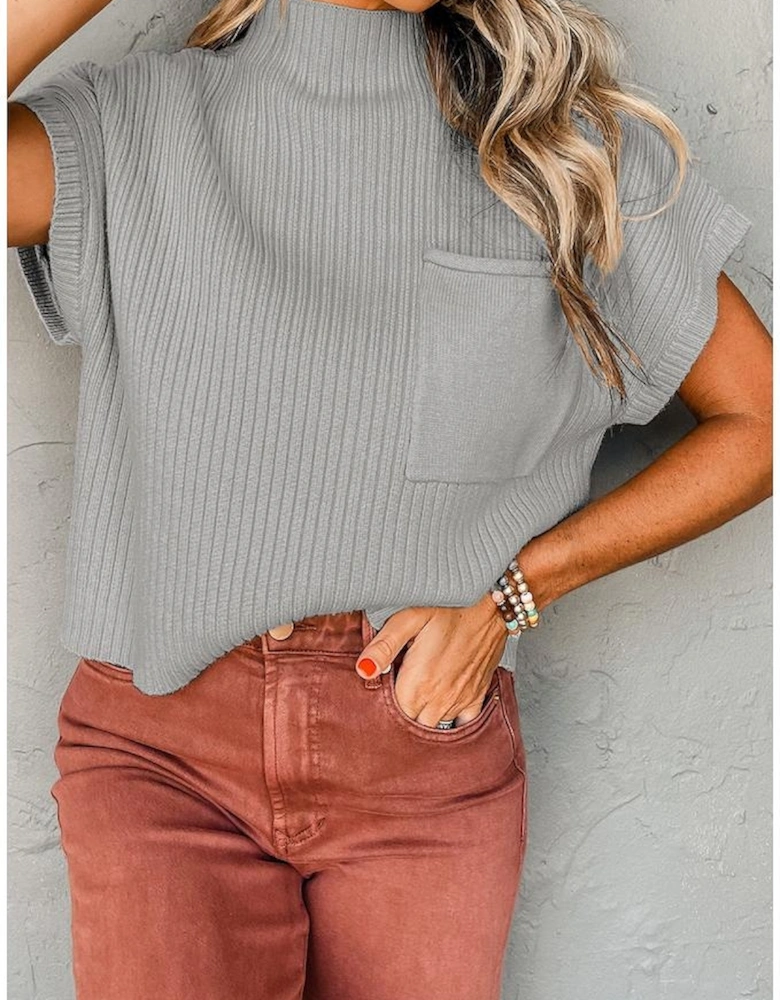 Gray Patch Pocket Ribbed Knit Short Sleeve Sweater