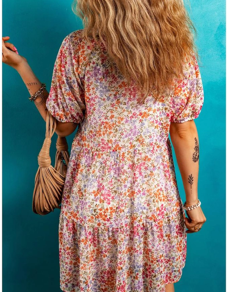Red Floral Puff Sleeve Notched V Neck Tiered Mini Dress