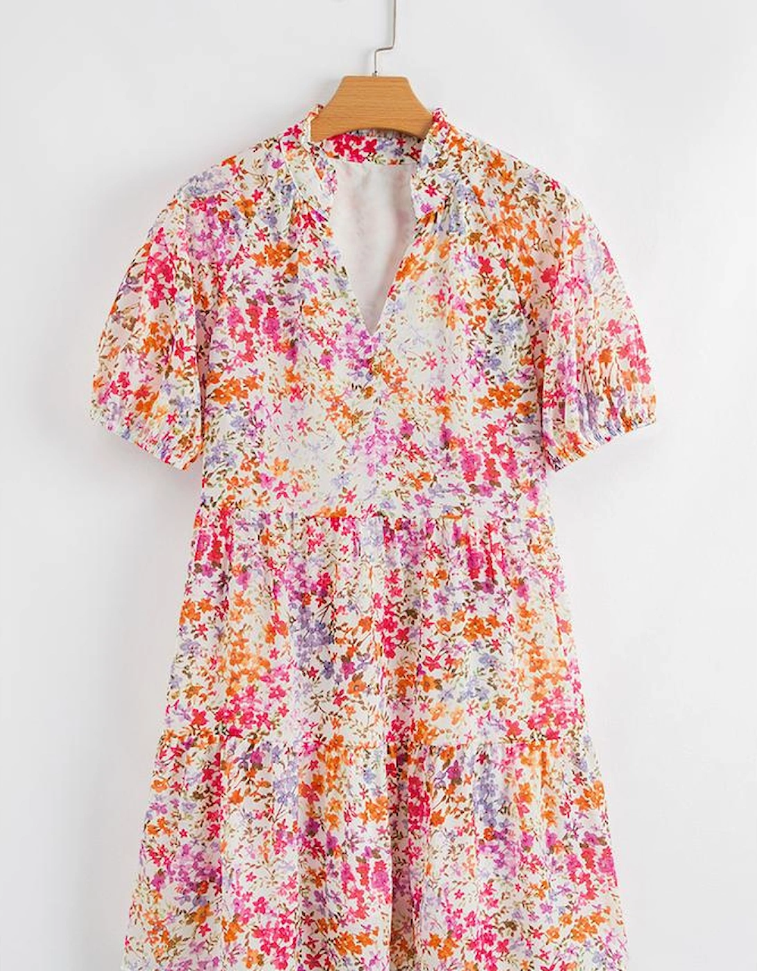 Red Floral Puff Sleeve Notched V Neck Tiered Mini Dress