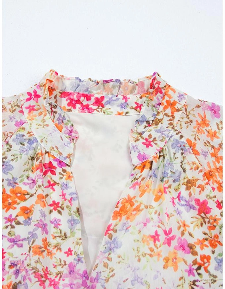 Red Floral Puff Sleeve Notched V Neck Tiered Mini Dress