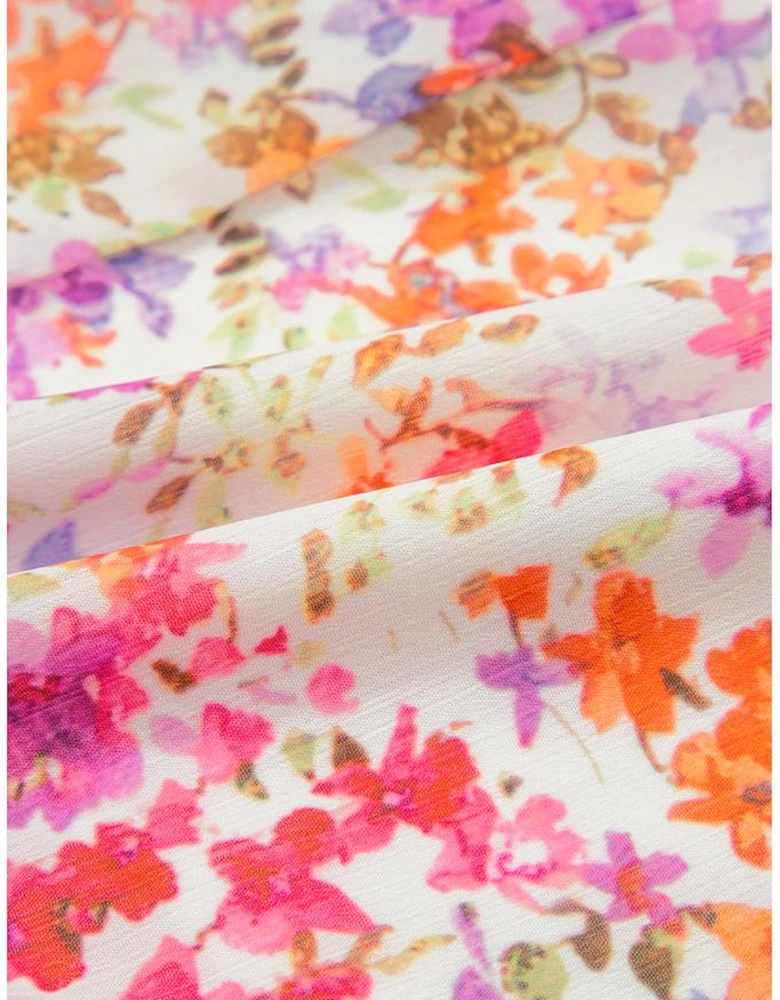 Red Floral Puff Sleeve Notched V Neck Tiered Mini Dress