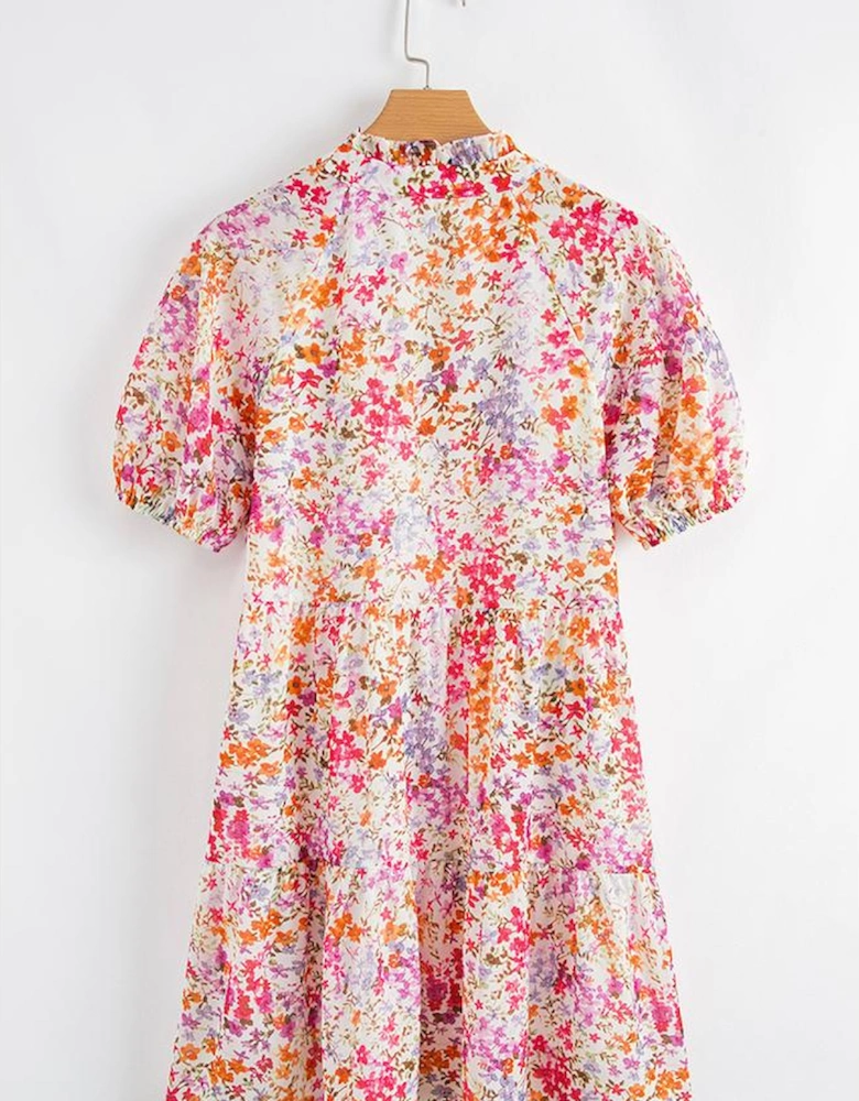 Red Floral Puff Sleeve Notched V Neck Tiered Mini Dress