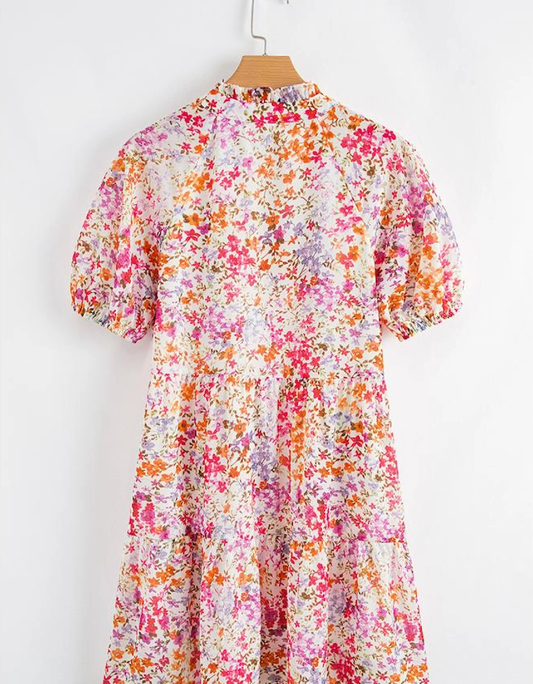 Red Floral Puff Sleeve Notched V Neck Tiered Mini Dress