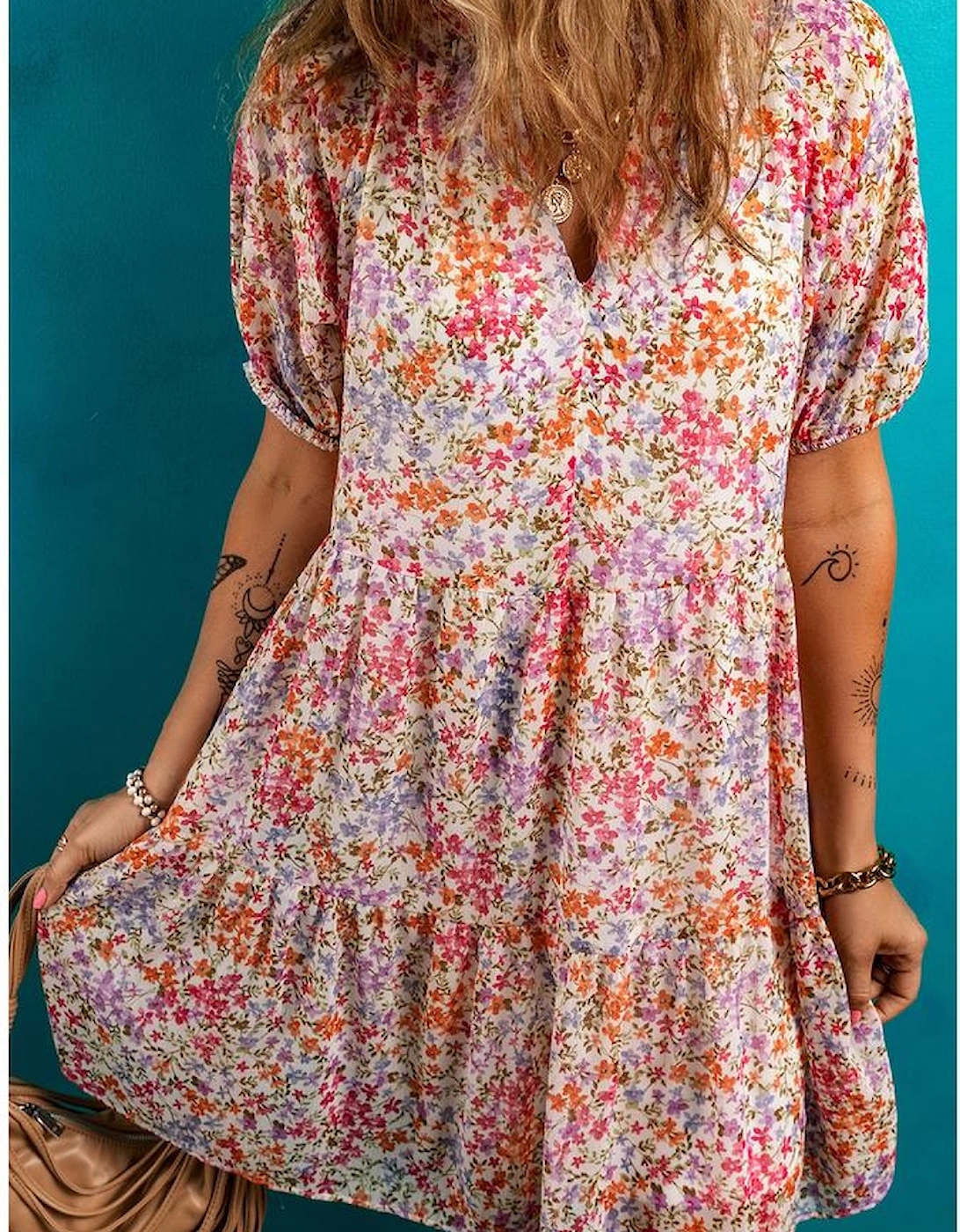 Red Floral Puff Sleeve Notched V Neck Tiered Mini Dress