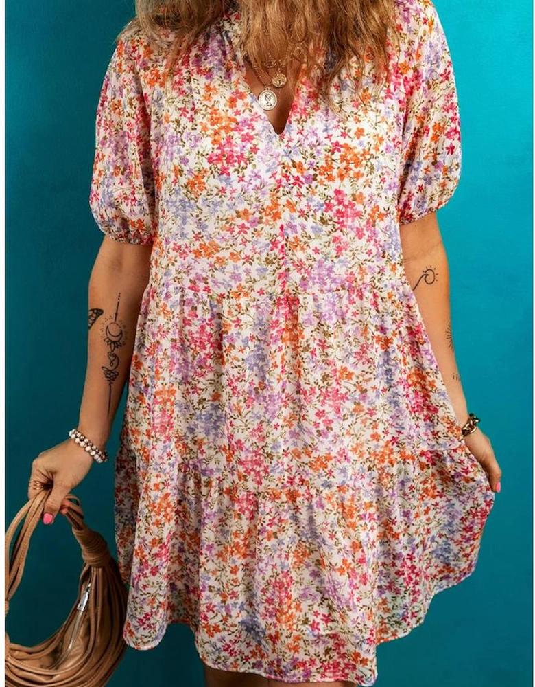 Red Floral Puff Sleeve Notched V Neck Tiered Mini Dress