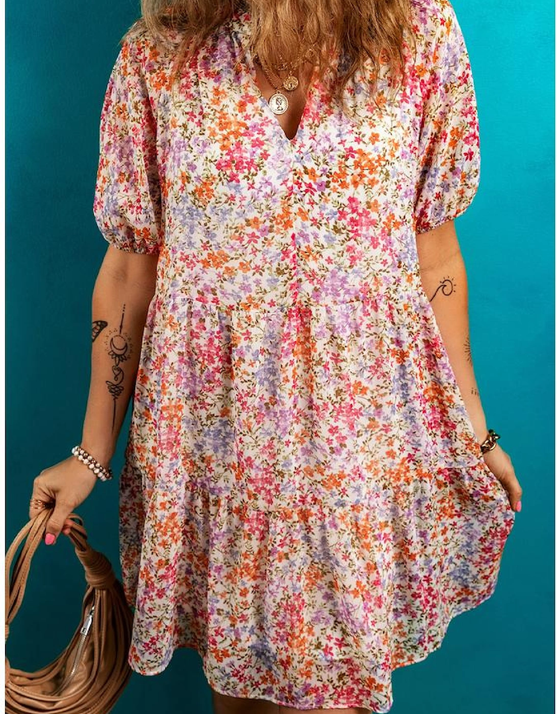 Red Floral Puff Sleeve Notched V Neck Tiered Mini Dress