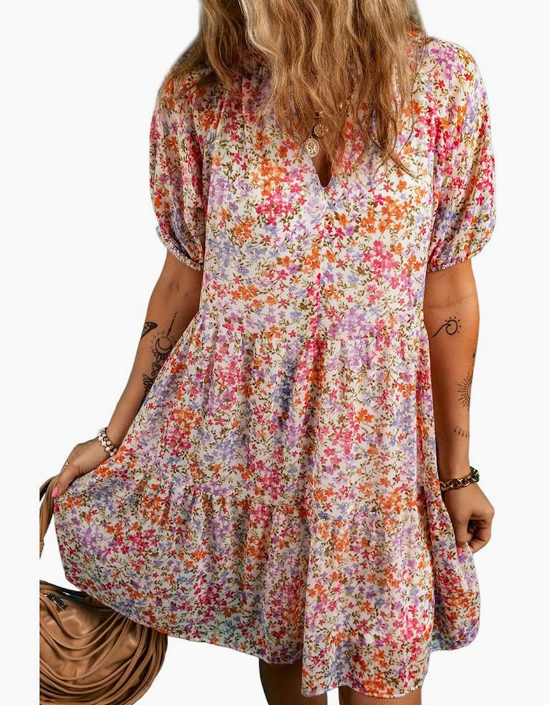 Red Floral Puff Sleeve Notched V Neck Tiered Mini Dress