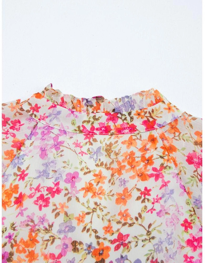 Red Floral Puff Sleeve Notched V Neck Tiered Mini Dress