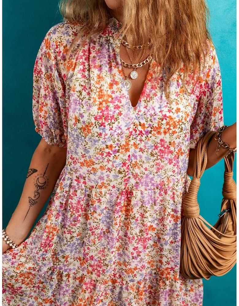 Red Floral Puff Sleeve Notched V Neck Tiered Mini Dress