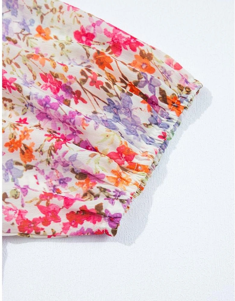 Red Floral Puff Sleeve Notched V Neck Tiered Mini Dress