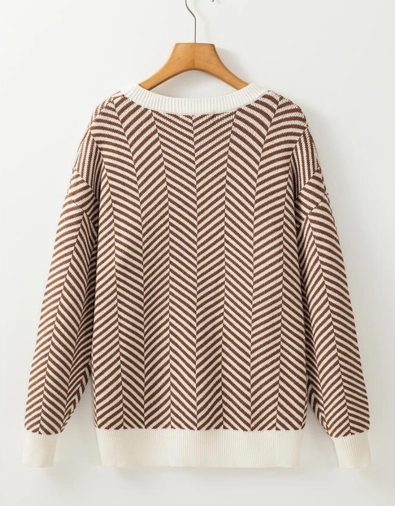 Coffee Contrast Edge Crew Neck Drop Shoulder Sweater