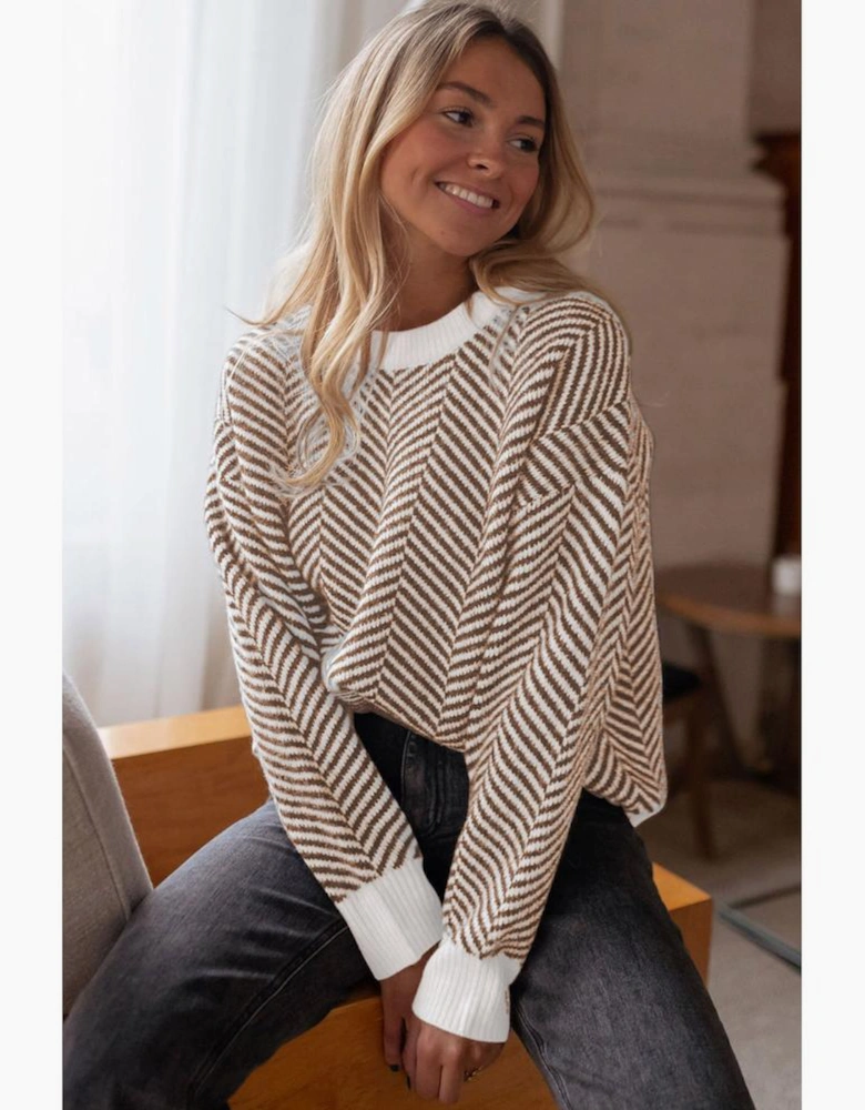 Coffee Contrast Edge Crew Neck Drop Shoulder Sweater